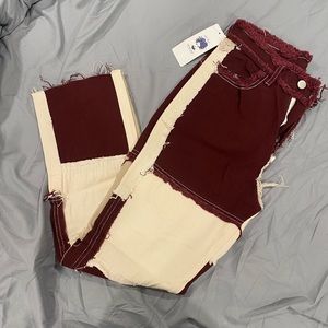 Size medium (fit like a small) frayed burgundy and cream panel pants